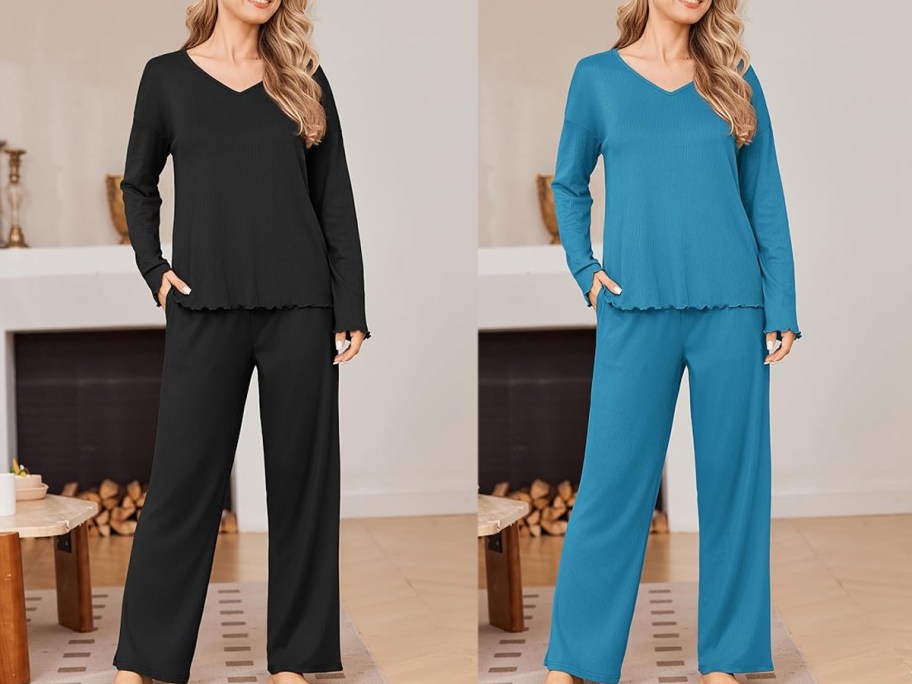 Ekouaer Ribbed Knit Long Sleeve Shirt and Pants Pajama Set