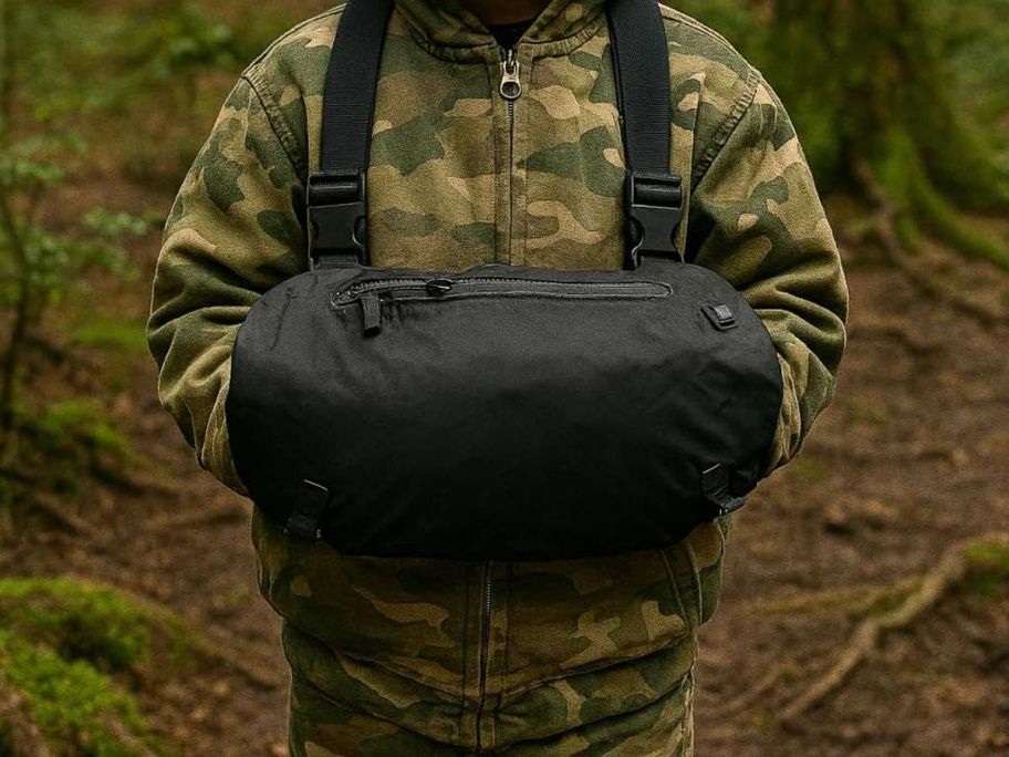 A boy dressed in camo holding a black pouch that is keeping his hands warm