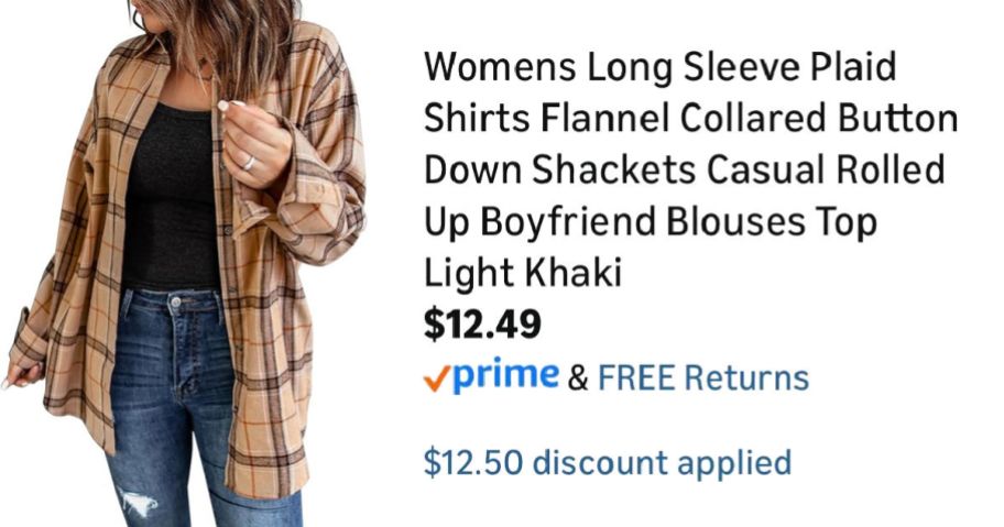 woman wearing plaid shirt next to Amazon pricing information
