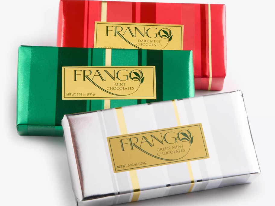red, green, and silver boxes of frango chocolates