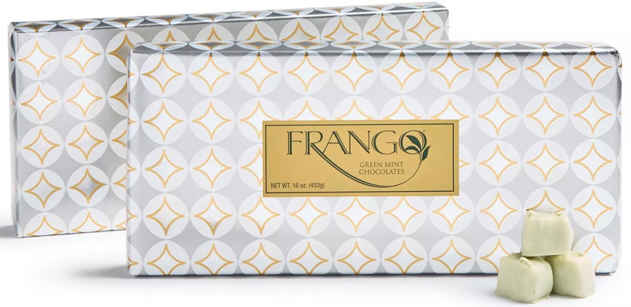two silver boxes of frango chocolates