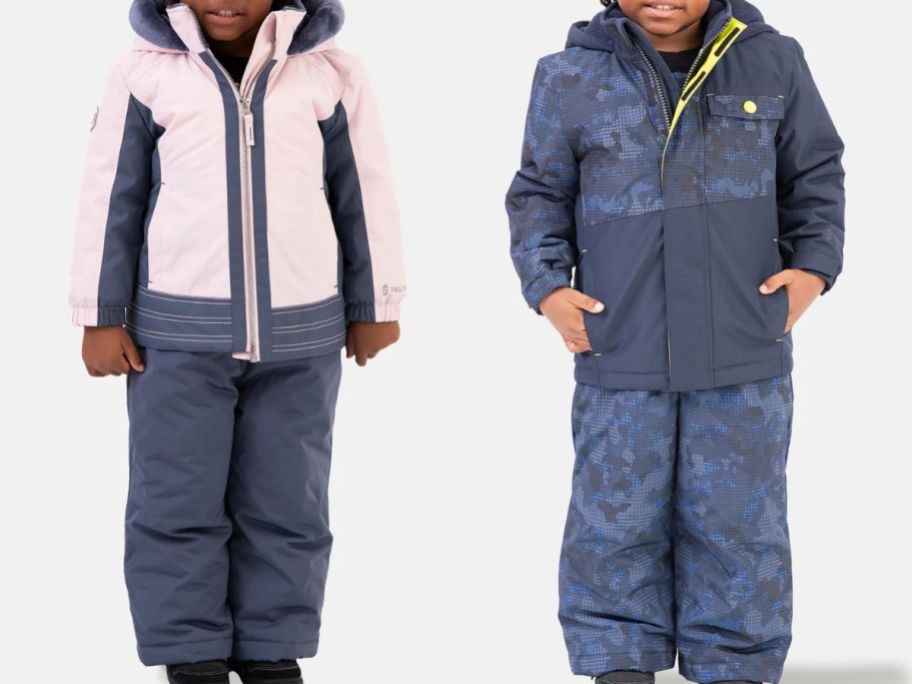 Stock images of a toddler girl and boy wearing a free country snow suit set