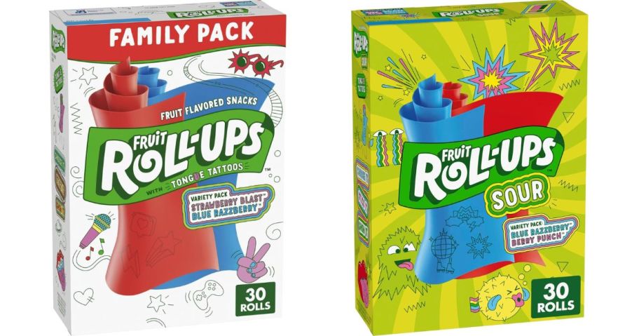 Stock images of two Family packs of Fruit Roll Ups