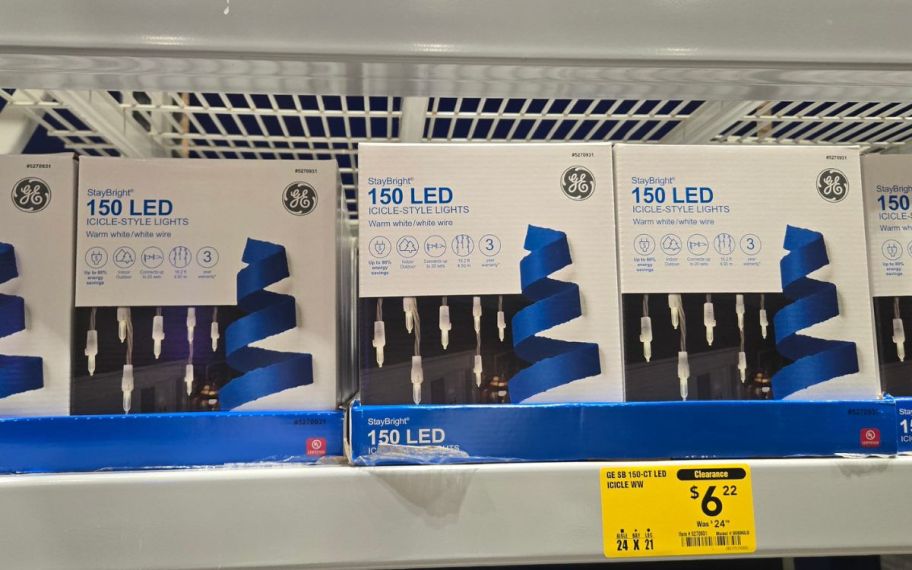 display of GE StayBright 150 -Count Constant White LED Plug-In Christmas Icicle Lights