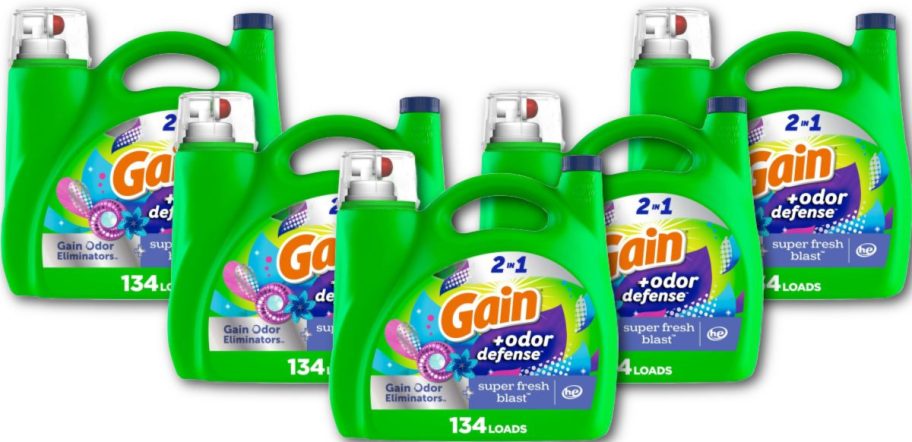 Stock images of 5 bottles of Gain Laundry Detergent