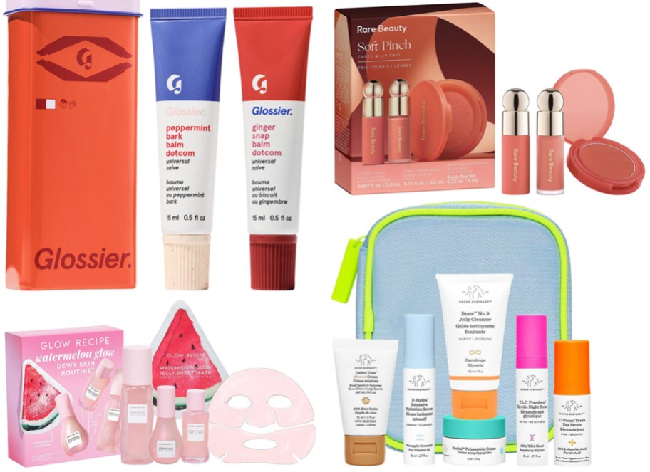 Glossier Sugar + Spice Balm Dotcom Lip Balm Duo Makeup Gift Set, Rare Beauty Soft Pinch Cheek & Lip Trio Makeup Gift Set, Glow Recipe Watermelon Glow Dewy Skin Routing Gift Set, Drunk Elephant The Littles Travel Skincare Set
