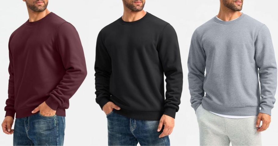 Stock images of 3 men wearing G Gradual Fleece Lined Sweatshirts in maroon, black and gray