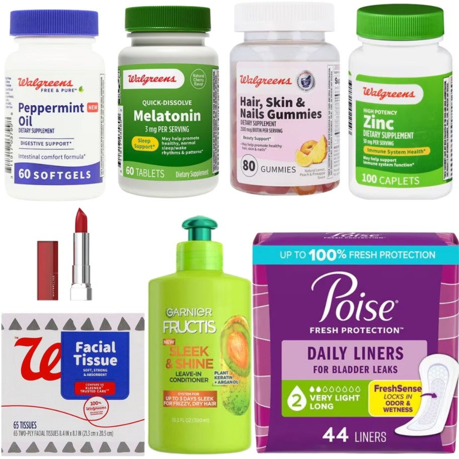 bottls of Walgreens vitamins, a lipstick, a Walgreens tissue box, a Garnier Fructis Conditioner, and a pack of Poise pads