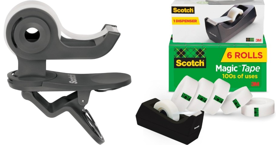 a clip on Scotch tape dispenser, and a desk dispenser with 6 rolls of tape and the boxes they come in