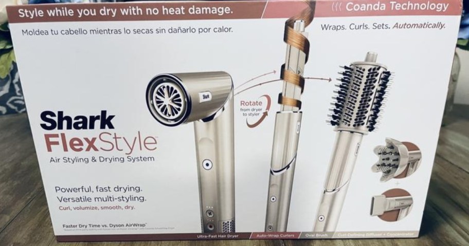 a box with a Shark Flexstyle hair dryer and styling tool