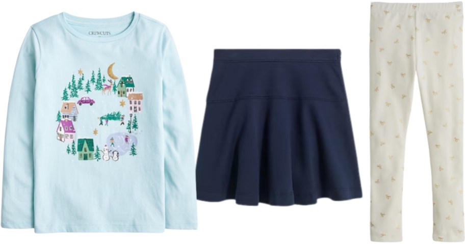 a girls short, skirt, and leggings