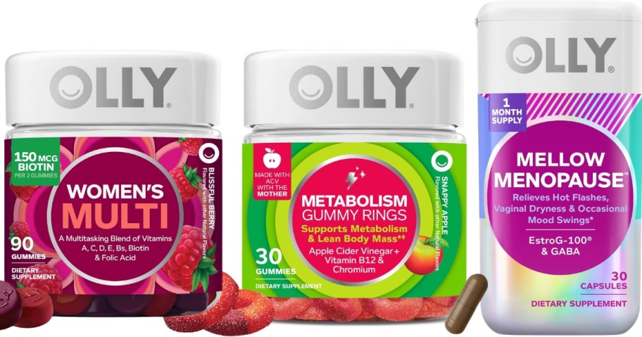 3 containers of diffrent OLLY women's vitamins