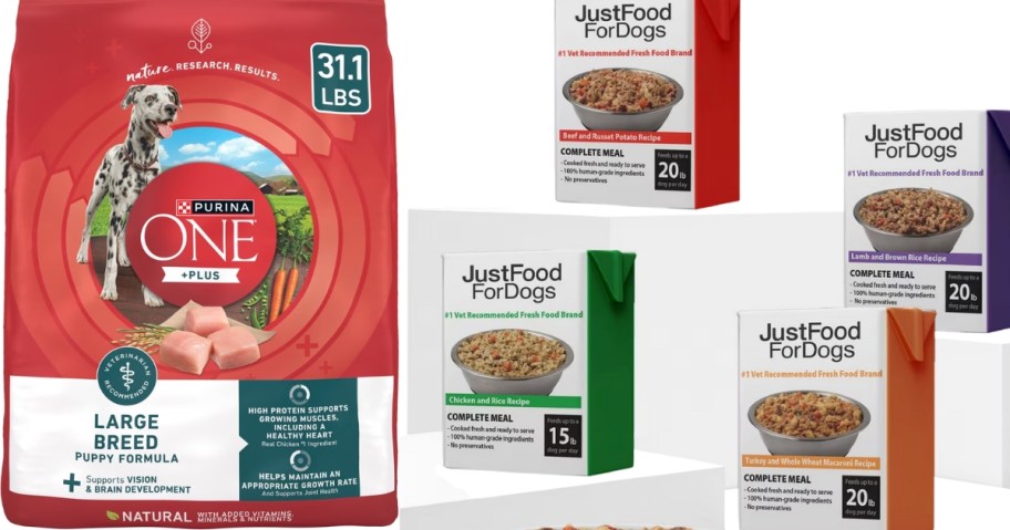 bag of Purina +One dry dog food and boxes of JustFoodForDogs dog food