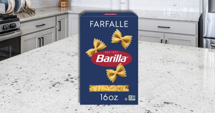 a box of Barilla Farfalle pasta on a kitchen counter