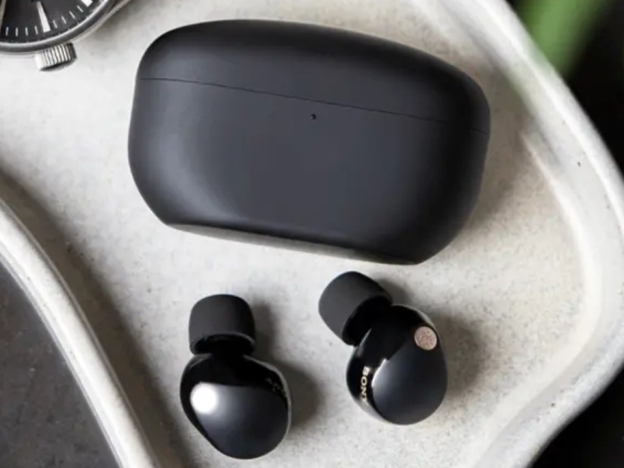 a black pair of Sony earbuds and the charging case