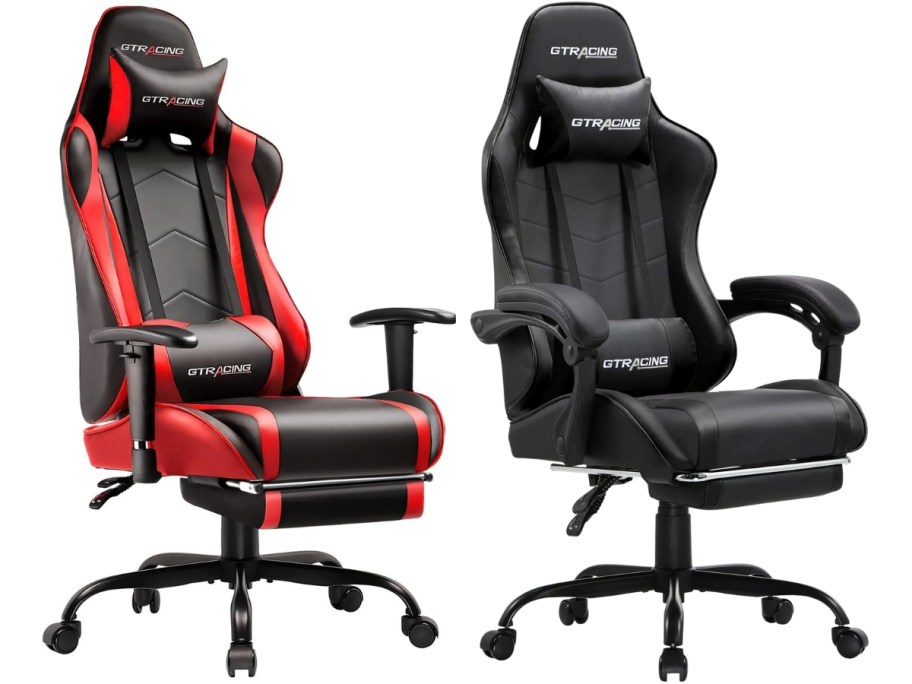two gaming chairs with footrests
