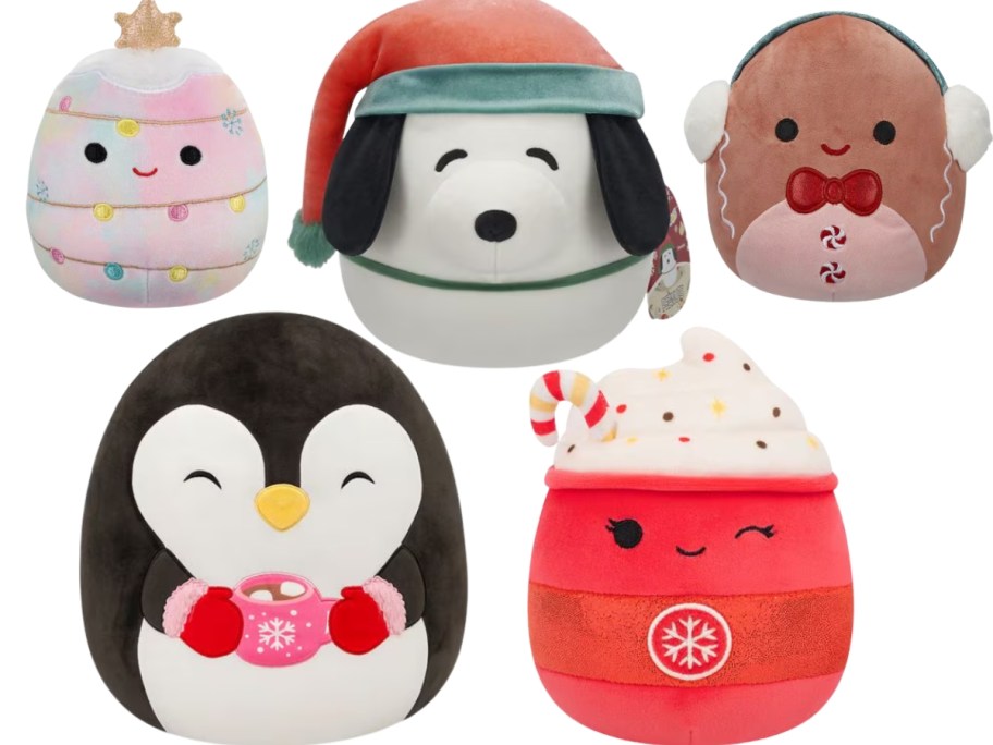 5 Squishmallows - small Christmas tree, Snoopy in Santa hat, Gingerbread man, Penguin with cocoa, and a Peppermint Latte