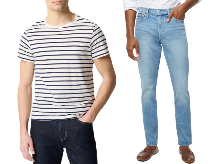 a man wearing a black and white stripe tee and a man wearing jeans