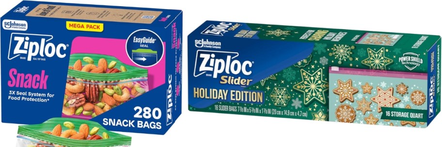boxes of Ziploc Snack Bags and Gallon Snowflake Bags