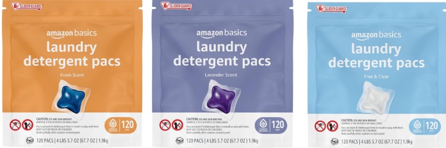 3 bags of Amazon Basics Laundry Pacs