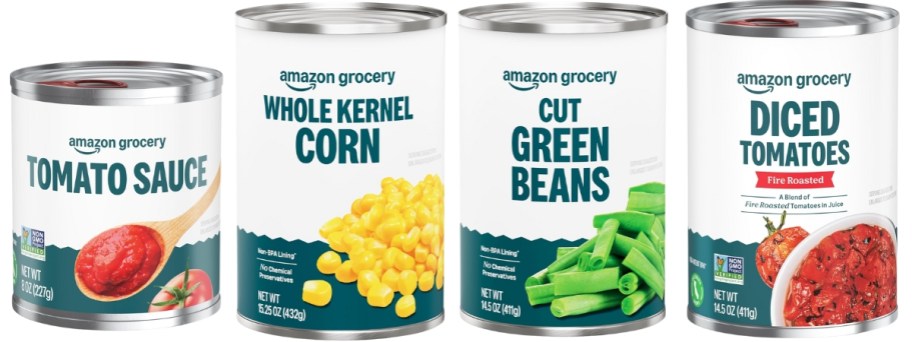 cans of tomato sauce, corn, green beans, and diced tomatoes