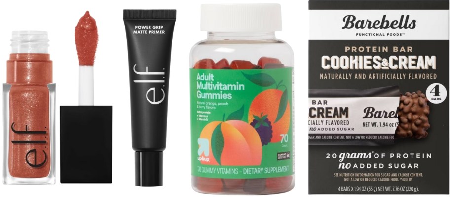 e.l.f. lip stain and primer, up & up Gummy vitamins, and a box of Barebells protein bars