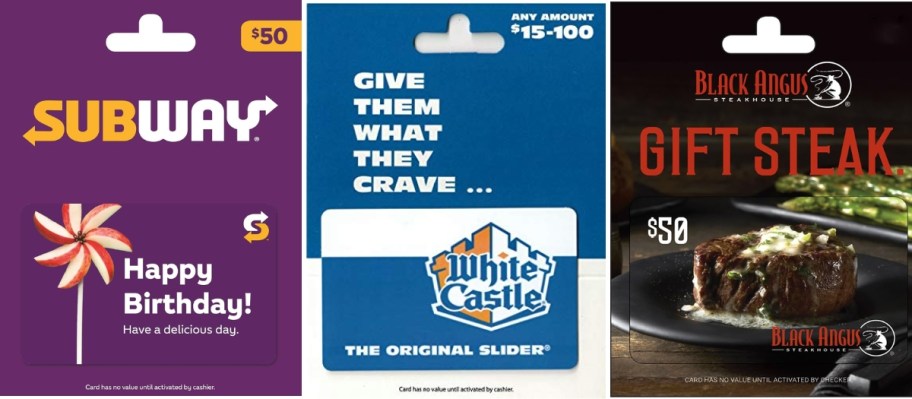 Subway, White Castle, and Black Angus gift cards