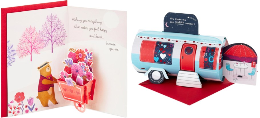 bear flower cart and retro camper pop-up cards