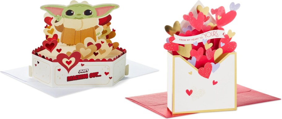 baby yoda and envelope full of hearts pop-up cards