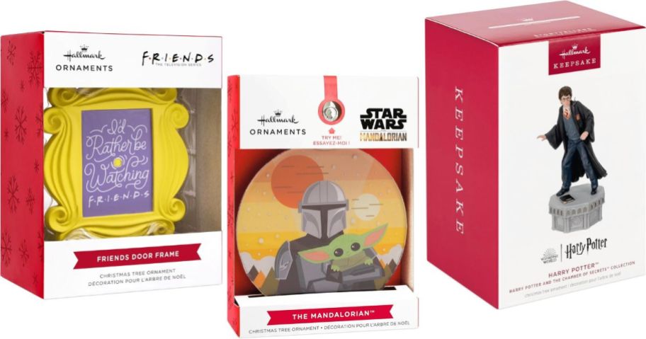Stock images of three hallmark ornaments featuring Friends, Star Wars The Mandalorian, and Harry Potter