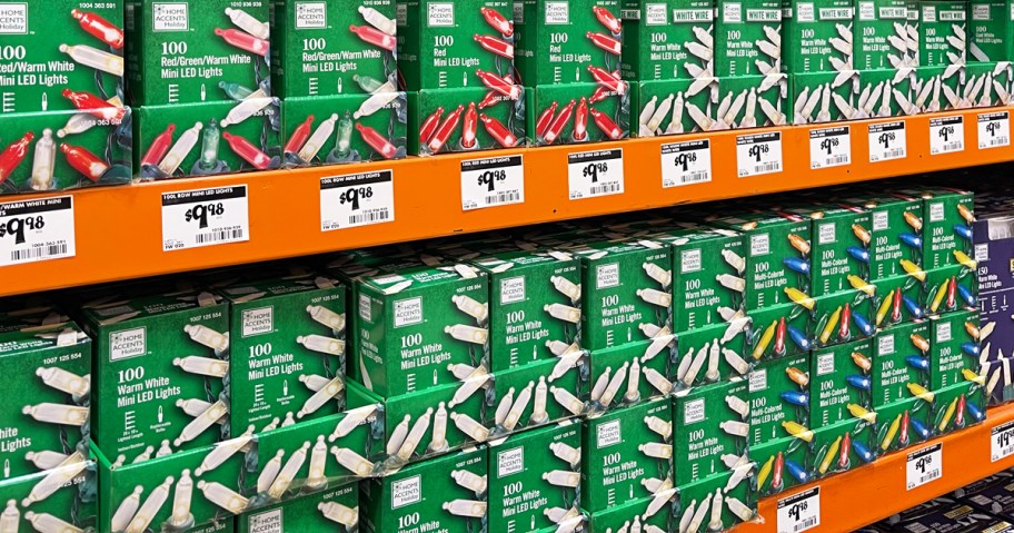 boxes of christmas lights on store shelf