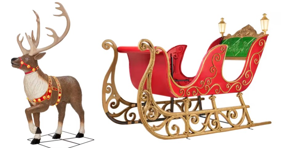 giant reindeer and santa sleigh decorations