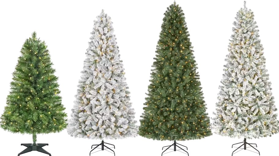 4 artificial christmas trees in a row