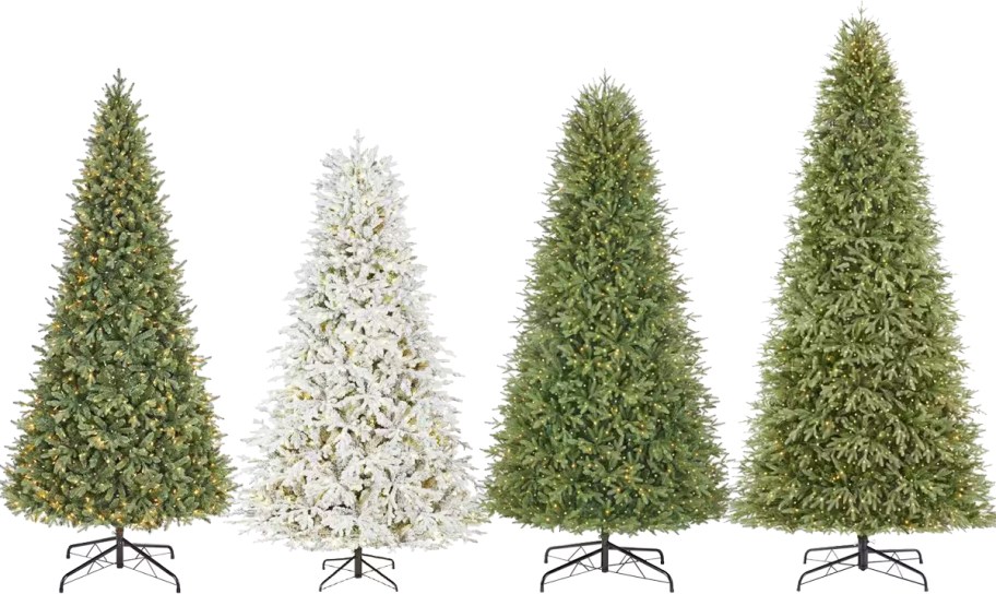 4 artificial christmas trees in a row