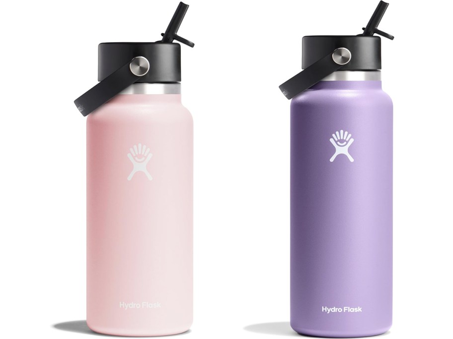 light pink and purple hydro flask water bottles