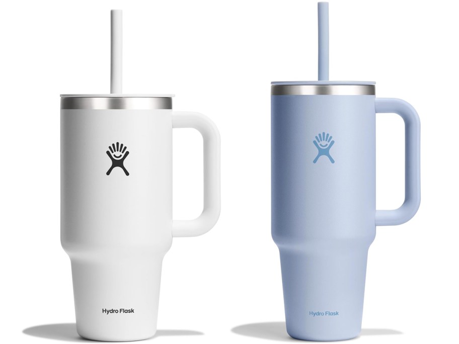 white and light blue hydro flask tumblers