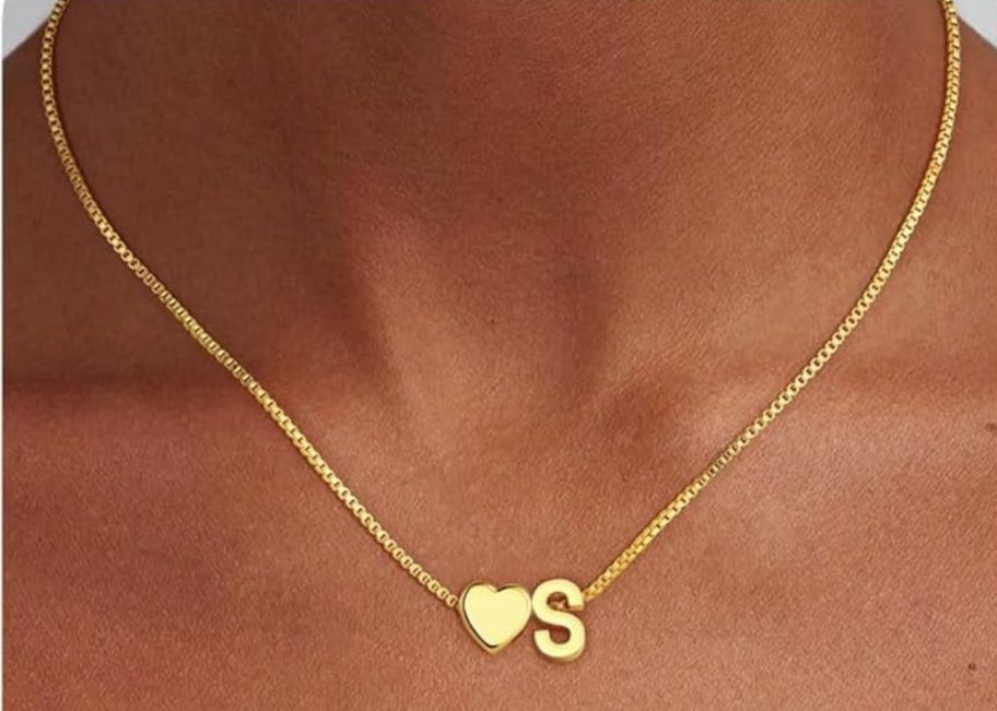 woman's neck wearing a Heart Initial Necklace