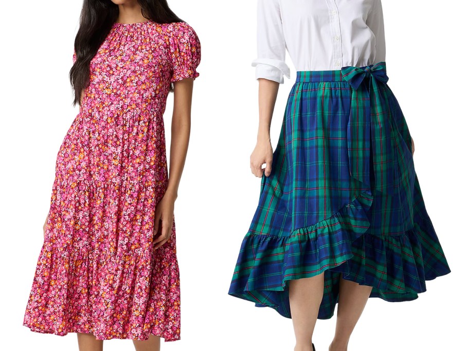 J. Crew Factory Women's Puff-Sleeve Tiered Midi Dress, Tartan Wrap Midi Skirt