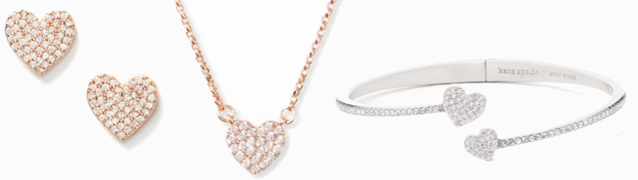 pave heart earrings, necklace, and bracelet