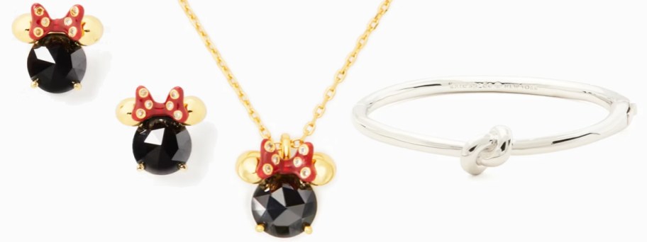 minnie mouse earrings, necklace, and knot bracelet