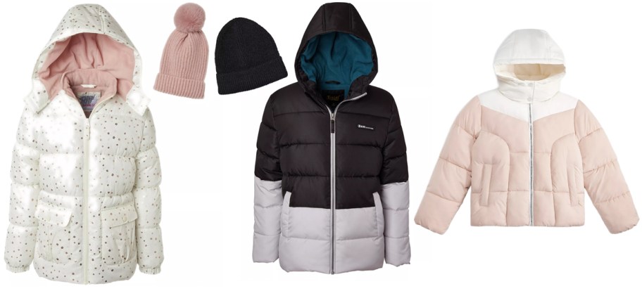 Kensie Girl Big Girls Foil Dot Puffer Jacket w: Beanie, Ixtreme Toddler : Little Boys Color Blocked Ripstop Puffer Jacket w: Beanie, Sam Edelman Big Girls Contrast Yoke Puffer Jacket