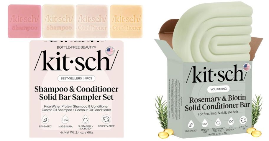 Kitsch Shampoo & Conditioner 4-Piece Sampler Set and Kitsch Rosemary & Biotin Volumizing Hair Conditioner Bar