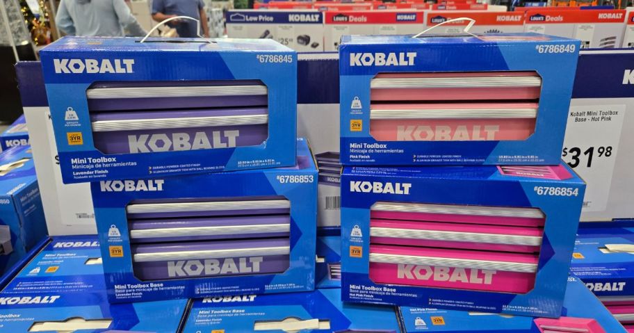 4 Kobalt Mini tollboxes in purple, light pink and hot pink colors
