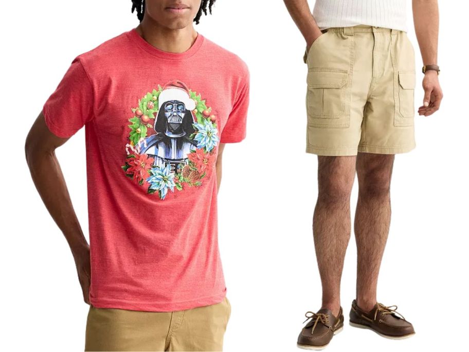 A man wearing a Darth Vader shirt and another wearing a pair of tan pants