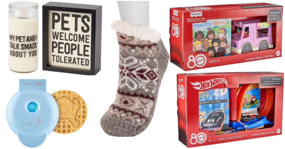 Candle set, blue waffle maker, cozy slipper socks and 2 red boxes with toys