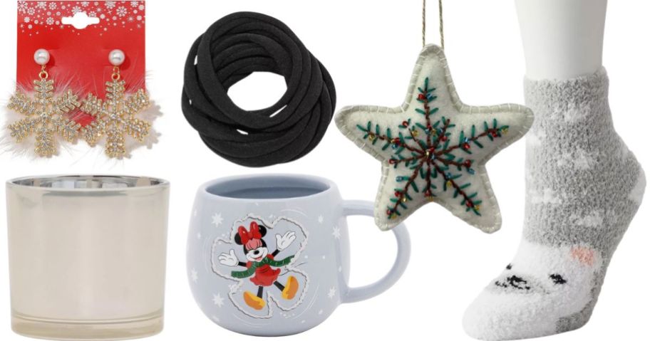 Snowflake earrings, candles, Minnie Mouse mug, star ornament, socks