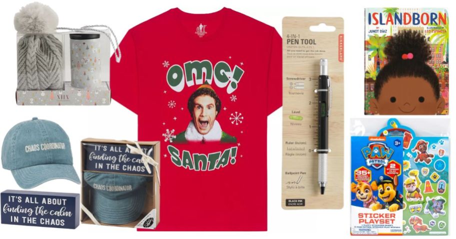 Red elf buddy shirt, 2 hat gift sets, pen, and 2 children's books.