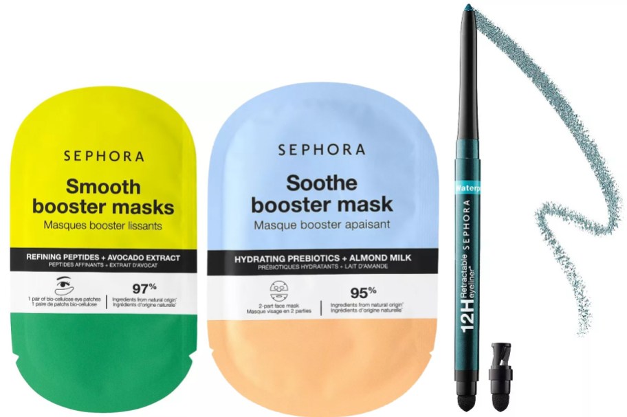 Two face masks and an eyeliner pencil.