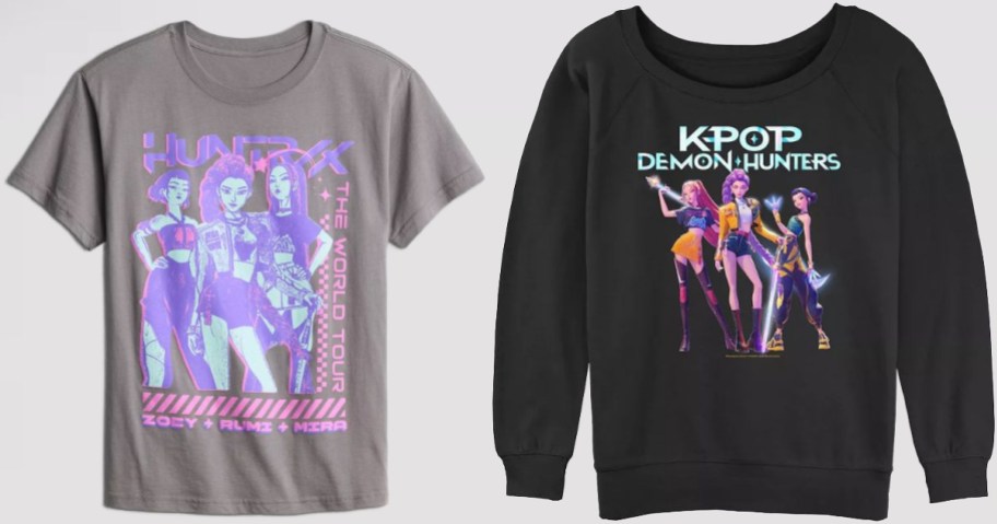 Stock images of a k-pop demon hunter tee and sweatshirt