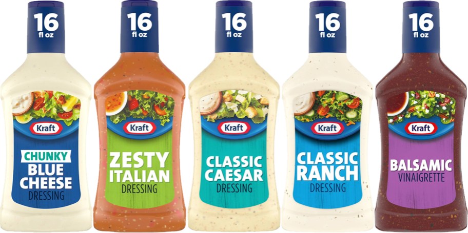 5 bottles of Kraft Salad Dressings in a row